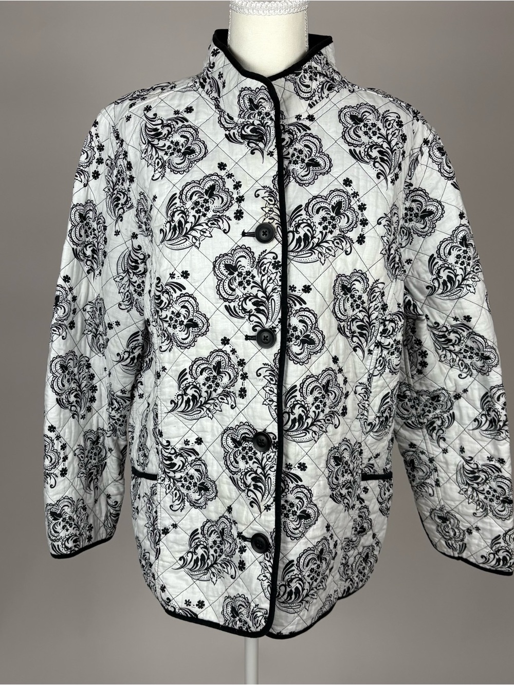 croft & barrow Black and White Quilted Floral-Print Puffer Jacket